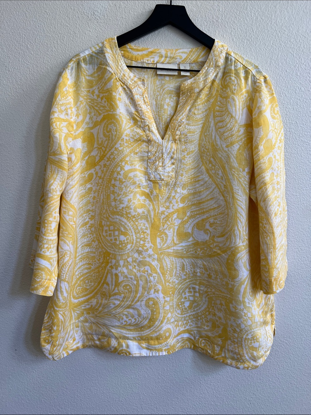 CHICO'S Linen Embellished Tunic Top Yellow/White Paisley Women's Size 3